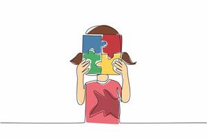 Single continuous line drawing the girl holds with both hands 4 piece puzzle in the shape of a box. A very unique diversity of mindset. World Autism Awareness Day. One line design illustration vector