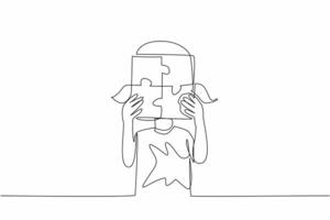Single continuous line drawing the girl holds with both hands 4 piece puzzle in the shape of a box. A very unique diversity of mindset. World Autism Awareness Day. One line design illustration vector