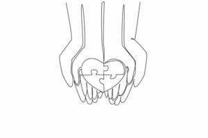 Continuous one line drawing 4 piece puzzle in the shape of love on the palm of the hand. Protect and love with all the heart. World Autism Awareness Day. Single line draw design illustration vector