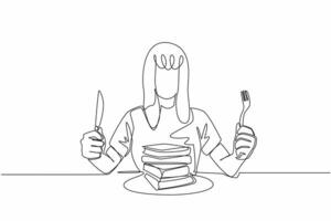Single one line drawing a woman in casual clothes holding a fork and knife. Unique metaphor. Really likes reading. Increasing insight. Edible Book Day. Continuous line design graphic illustration vector