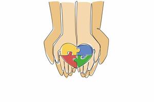Continuous one line drawing 4 piece puzzle in the shape of love on the palm of the hand. Protect and love with all the heart. World Autism Awareness Day. Single line draw design illustration vector