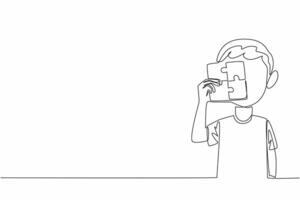 Single continuous line drawing little boy holding a 4 piece square puzzle. Colorful puzzles help to focus. Various treatment methods. World Autism Awareness Day. One line design illustration vector