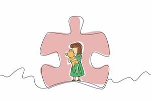 Continuous one line drawing girl playing with doll in the middle of large puzzle piece. Helps play to focus. Piece of happiness. World Autism Awareness Day. Single line draw design illustration vector