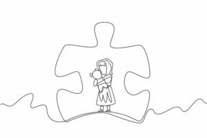 Continuous one line drawing girl playing with doll in the middle of large puzzle piece. Helps play to focus. Piece of happiness. World Autism Awareness Day. Single line draw design illustration vector