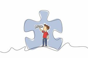 Single one line drawing boy playing with airplanes in the middle of a large puzzle piece. Complexity of mind content. Diversity. World Autism Awareness Day. Continuous line design graphic illustration vector