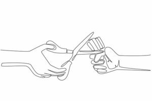 Continuous line drawing of two hands holding a knife and a fork vector