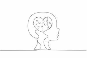 Continuous one line drawing a love shape in the head silhouette of child. Misfortune. Getting more attention and affection. World Autism Awareness Day. Single line draw design illustration vector