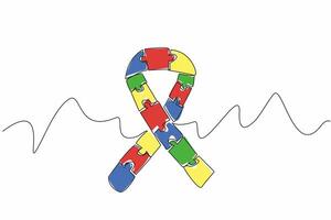 Single continuous line drawing campaign ribbon made from puzzle pieces. A form of concern for others. They need our attention. Caring. World Autism Awareness Day. One line design illustration vector