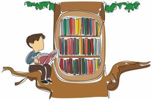 Continuous one line drawing a boy sit on big tree branch. Really enjoy reading book. Comic. Increase reading interest. International of Children Book Day. Single line draw design illustration vector