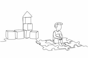 Single continuous line drawing a boy sitting on puzzle mat playing wooden block. Playing, imagining building a house. Keeping the dream. World Autism Awareness Day. One line design illustration vector