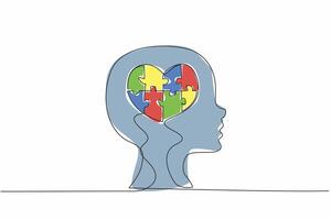 Continuous one line drawing a love shape in the head silhouette of child. Misfortune. Getting more attention and affection. World Autism Awareness Day. Single line draw design illustration vector
