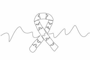 Single continuous line drawing campaign ribbon made from puzzle pieces. A form of concern for others. They need our attention. Caring. World Autism Awareness Day. One line design illustration vector