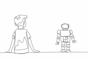 Single one line drawing man sitting on floor next to is a robot toy. Loyal friend all the time. Always accompany every moment. World Autism Awareness Day. Continuous line design graphic illustration vector
