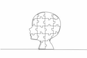Single one line drawing head silhouette of child formed from puzzle pieces. Spectral diversity. Unique individuals. Unwell. World Autism Awareness Day. Continuous line design graphic illustration vector