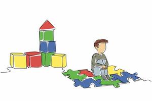 Single continuous line drawing a boy sitting on puzzle mat playing wooden block. Playing, imagining building a house. Keeping the dream. World Autism Awareness Day. One line design illustration vector