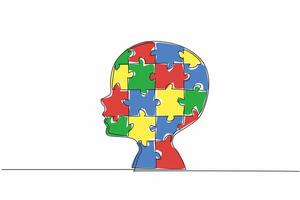 Single one line drawing head silhouette of child formed from puzzle pieces. Spectral diversity. Unique individuals. Unwell. World Autism Awareness Day. Continuous line design graphic illustration vector