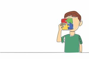Single continuous line drawing little boy holding a 4 piece square puzzle. Colorful puzzles help to focus. Various treatment methods. World Autism Awareness Day. One line design illustration vector