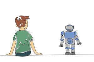 Single one line drawing man sitting on floor next to is a robot toy. Loyal friend all the time. Always accompany every moment. World Autism Awareness Day. Continuous line design graphic illustration vector
