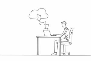 Single continuous line drawing man typing on laptop at desk. Every worksheet is saved directly to cloud server. Make work easier. Adv technology. World Backup Day. One line design illustration vector