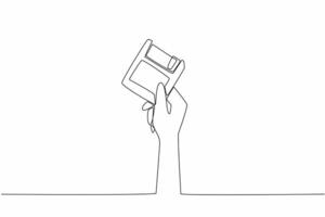 Single one line drawing hand holding a floppy disk. Ancient storage technology. Small storage size. Easily infected by viruses. Diskette. World Backup Day. Continuous line design graphic illustration vector