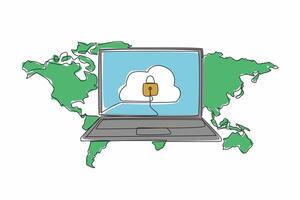 Continuous one line drawing cloud server and padlock in the middle of the laptop monitor screen. Backup and retrieve data from anywhere. World Backup Day. Single line draw design illustration vector