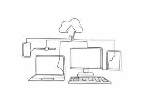 Continuous one line drawing some gadget devices upload data to the cloud. Very easy storage media. Confidential. Important. Cloud server. World Backup Day. Single line draw design illustration vector