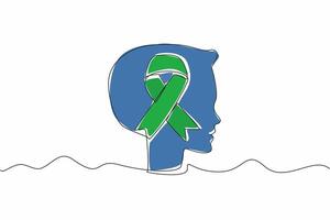 Single one line drawing green ribbon in middle of the head silhouette of child. Brain disorders. Abnormal growth. National Cerebral Palsy Awareness Month. Continuous line design graphic illustration vector