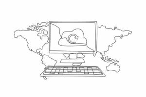 Single continuous line drawing monitor, keyboard with world map background. Sync to cloud storage. Storage technology. Make it easy. Cloud server. World Backup Day. One line design illustration vector