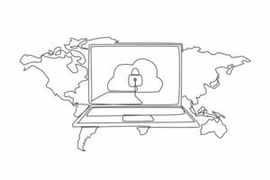 Continuous one line drawing cloud server and padlock in the middle of the laptop monitor screen. Backup and retrieve data from anywhere. World Backup Day. Single line draw design illustration vector