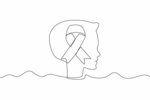 Single one line drawing green ribbon in middle of the head silhouette of child. Brain disorders. Abnormal growth. National Cerebral Palsy Awareness Month. Continuous line design graphic illustration vector