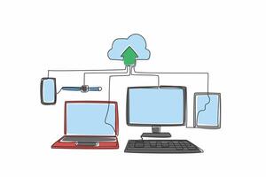 Continuous one line drawing some gadget devices upload data to the cloud. Very easy storage media. Confidential. Important. Cloud server. World Backup Day. Single line draw design illustration vector