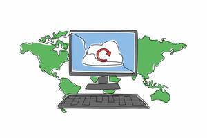 Single continuous line drawing monitor, keyboard with world map background. Sync to cloud storage. Storage technology. Make it easy. Cloud server. World Backup Day. One line design illustration vector