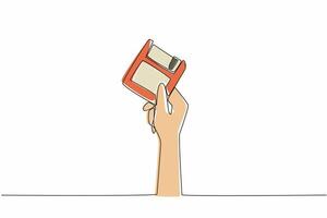 Single one line drawing hand holding a floppy disk. Ancient storage technology. Small storage size. Easily infected by viruses. Diskette. World Backup Day. Continuous line design graphic illustration vector
