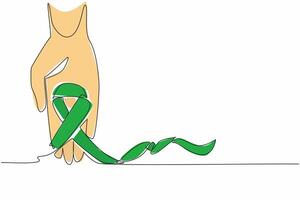 Continuous one line drawing hand hold green ribbon. Symbol of guarding and caring with care. They should be happy. National Cerebral Palsy Awareness Month. Single line draw design illustration vector