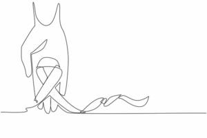 Continuous one line drawing hand hold green ribbon. Symbol of guarding and caring with care. They should be happy. National Cerebral Palsy Awareness Month. Single line draw design illustration vector
