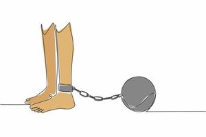 Single one line drawing feet shackled with metal prison ball. Detention without due process. Committing violations of human rights. Shackles of power. Continuous line design graphic illustration vector