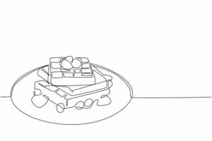Single continuous line drawing waffles stack on round plate. Strawberry and raspberry toppings. Fresh sweet and sour. Perfect combination. International Waffle Day. One line design illustration vector