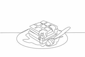 Continuous one line drawing a square waffle dish drizzled with honey. Appetizing food. Delicious. Sweet. Crunchy. Savory. Tasty. International Waffle Day. Single line draw design illustration vector