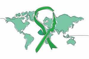 Single one line drawing green ribbon whose center circle forms silhouette of the head. Raise awareness globally. National Cerebral Palsy Awareness Month. Continuous line design graphic illustration vector