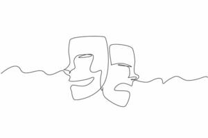 Continuous one line drawing two theater masks with different expressions. Role-playing entertainment stage. Playing different characters. World Theatre Day. Single line draw design illustration vector