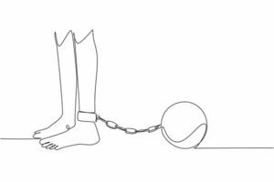 Single one line drawing feet shackled with metal prison ball. Detention without due process. Committing violations of human rights. Shackles of power. Continuous line design graphic illustration vector