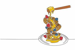 Single continuous line drawing round stacked waffles floating on a round plate. Pour honey for a more delicious taste sensation. Savory. International Waffle Day. One line design illustration vector