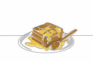 Continuous one line drawing a square waffle dish drizzled with honey. Appetizing food. Delicious. Sweet. Crunchy. Savory. Tasty. International Waffle Day. Single line draw design illustration vector