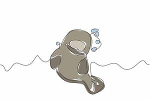 Continuous one line drawing the manatee swimming with lots of air bubbles. Fun while preserving the marine ecosystem. Sea cow. Manatee Appreciation Day. Single line draw design illustration vector