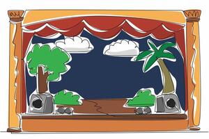Single one line drawing theater stage with complete setting. Role play with a tropical theme. Enlivens the atmosphere for the audience. World Theatre Day. Continuous line design graphic illustration vector
