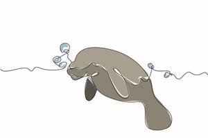 Single one line drawing the manatee swimming with lots of air bubbles. Marine biota. Maintaining the balance of marine life. Manatee Appreciation Day. Continuous line design graphic illustration vector