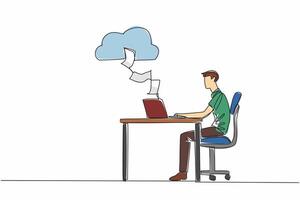 Single continuous line drawing man typing on laptop at desk. Every worksheet is saved directly to cloud server. Make work easier. Adv technology. World Backup Day. One line design illustration vector