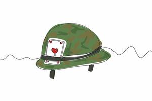 Single one line drawing army helmet with ace of hearts attached to the helmet. War soldiers who also need entertainment to play. Vietnam War Veterans Day. Continuous line design graphic illustration vector