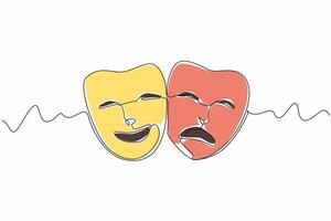 Continuous one line drawing two theater masks. Smiling and angry. On a theatrical stage full of drama. Playing a role to entertain. World Theatre Day. Single line draw design illustration vector
