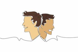 Single one line drawing two heads with different responses. Smiling and angry. Like having multiple personalities. Needs expert help. World Bipolar Day. Continuous line design graphic illustration vector